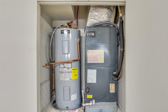 utility room featuring electric water heater and heating unit