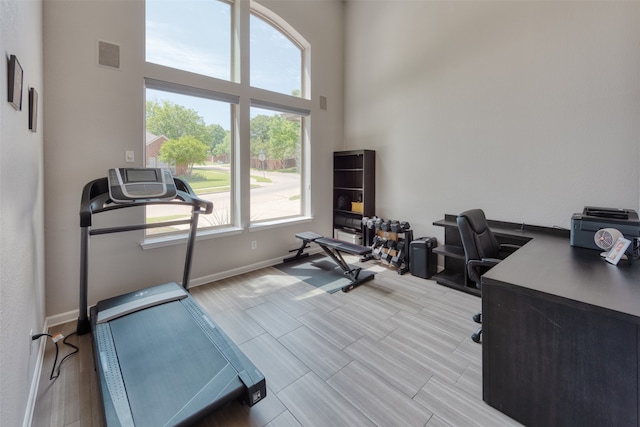 exercise area featuring a healthy amount of sunlight and a towering ceiling