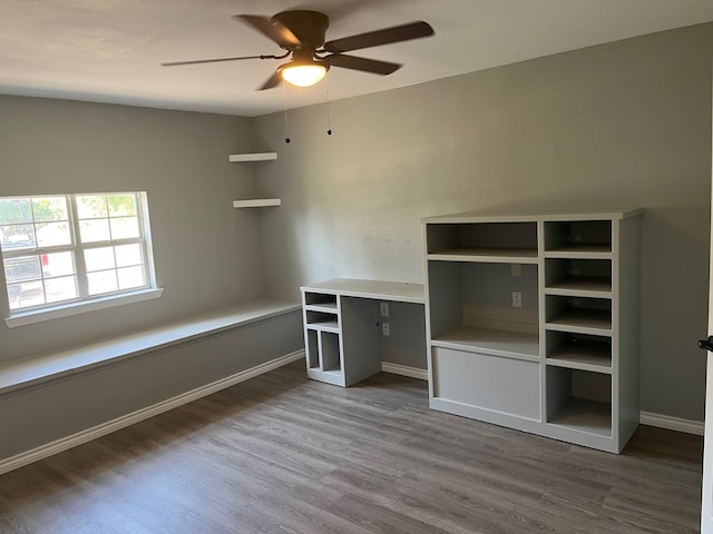 interior space with ceiling fan and hardwood / wood-style flooring