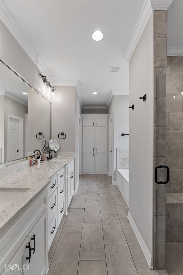 bathroom with crown molding, vanity, plus walk in shower, and tile patterned floors