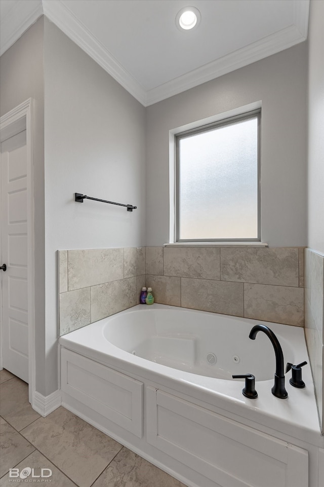 bathroom featuring ornamental molding, a bath, and tile patterned floors