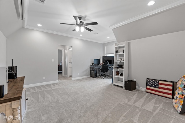 home office featuring lofted ceiling, light colored carpet, ceiling fan, and ornamental molding