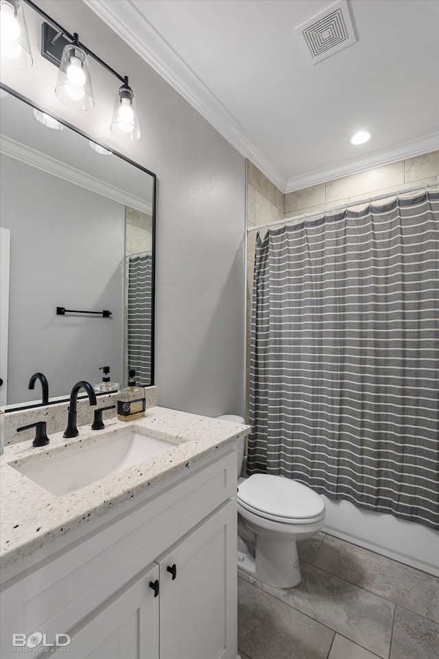 full bathroom featuring toilet, tile patterned floors, crown molding, vanity, and shower / bath combo