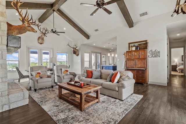 living room featuring ceiling fan, high vaulted ceiling, beamed ceiling, and dark wood-type flooring