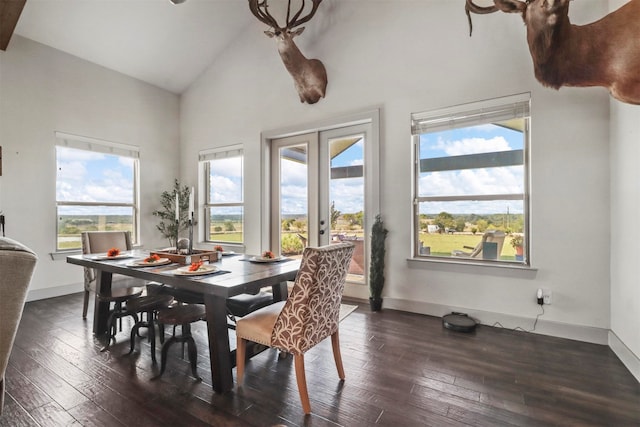 dining room with dark hardwood / wood-style flooring, high vaulted ceiling, and french doors