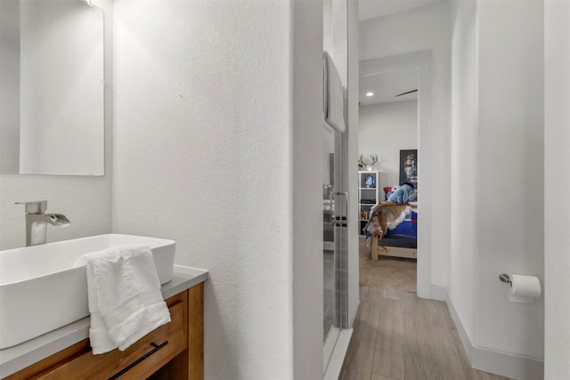 bathroom with hardwood / wood-style floors and vanity