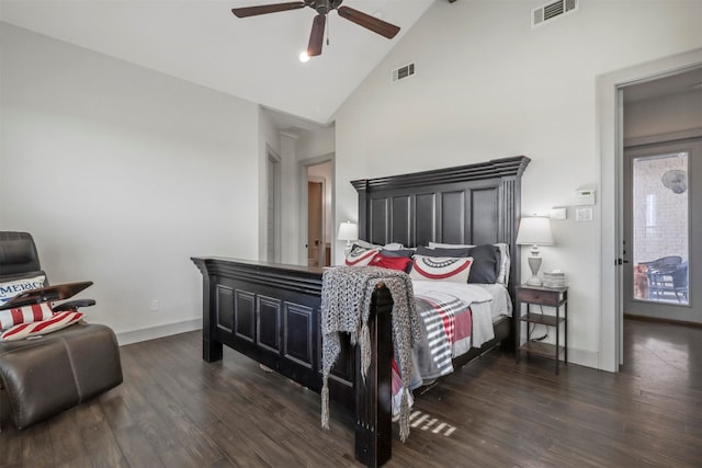 bedroom with high vaulted ceiling, ceiling fan, and dark hardwood / wood-style flooring