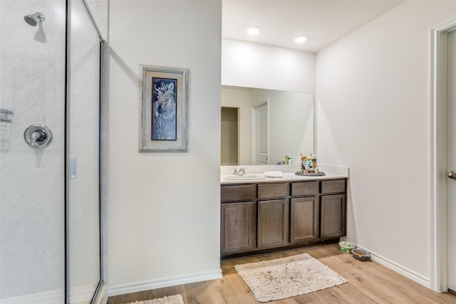 bathroom with vanity, wood-type flooring, and a shower with door