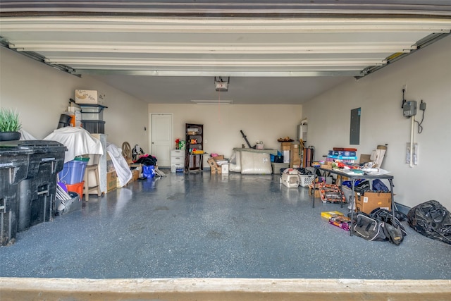 garage with electric panel and a garage door opener