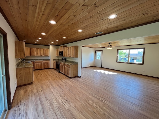 kitchen featuring black electric range, wood ceiling, light hardwood / wood-style flooring, and ceiling fan