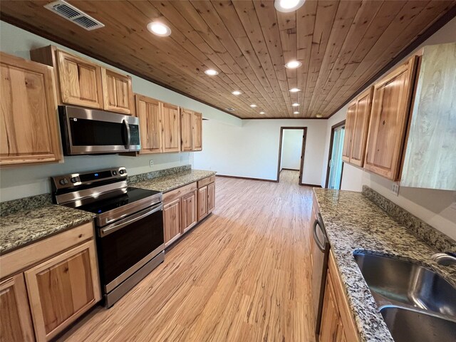 kitchen featuring sink, dark stone countertops, light hardwood / wood-style floors, wooden ceiling, and stainless steel appliances