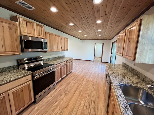 kitchen featuring recessed lighting, a sink, wood ceiling, visible vents, and appliances with stainless steel finishes