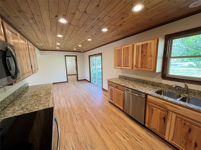 kitchen with appliances with stainless steel finishes, a healthy amount of sunlight, light hardwood / wood-style floors, and wood ceiling