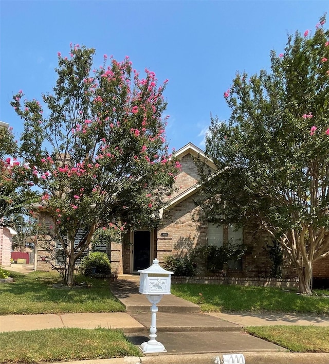 obstructed view of property with brick siding and a front yard