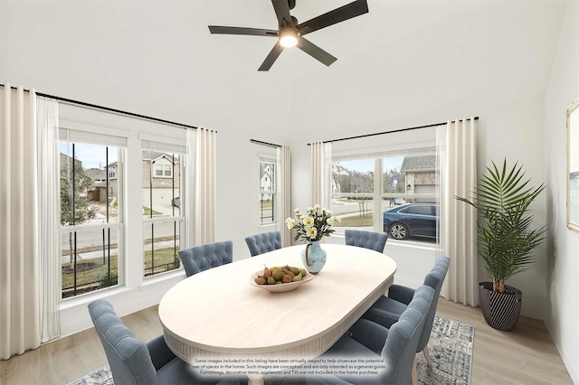 dining room with ceiling fan and light wood-type flooring