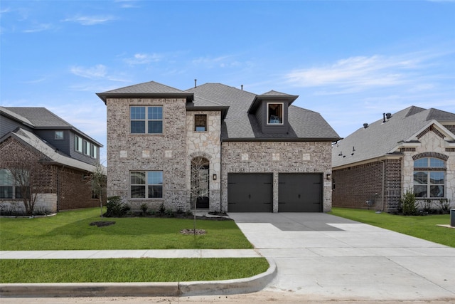 view of front of house featuring driveway, roof with shingles, an attached garage, a front yard, and brick siding