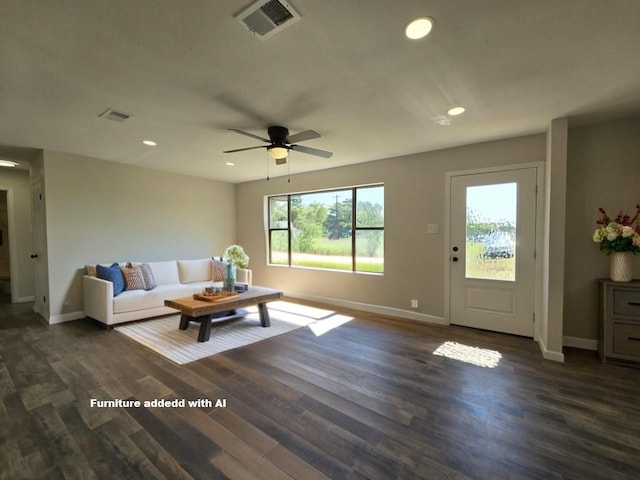 living room featuring ceiling fan and dark wood-type flooring