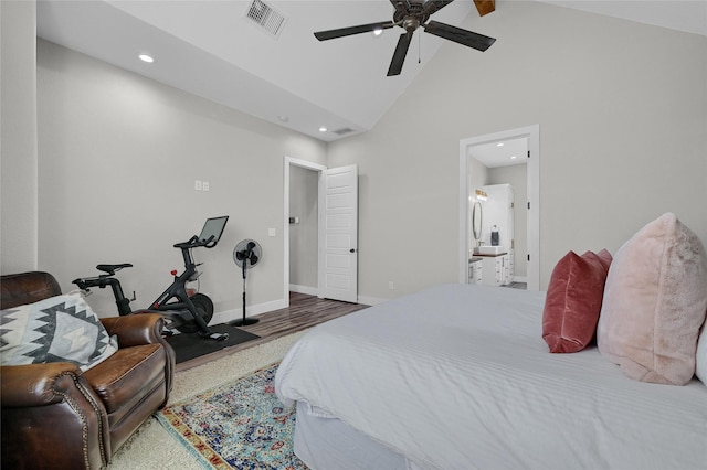 bedroom featuring baseboards, visible vents, ensuite bathroom, high vaulted ceiling, and recessed lighting