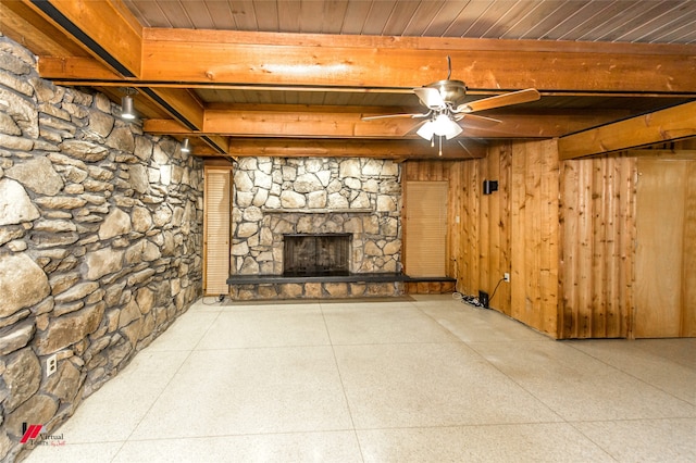 basement with wood walls, ceiling fan, wooden ceiling, and a fireplace