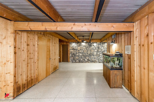 hall featuring wood ceiling and wood walls