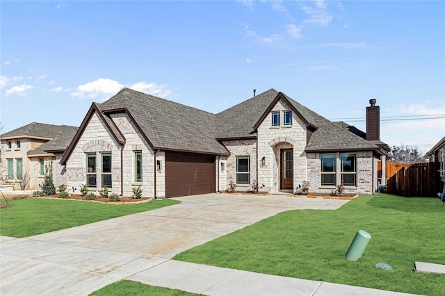 french country style house with a garage and a front lawn