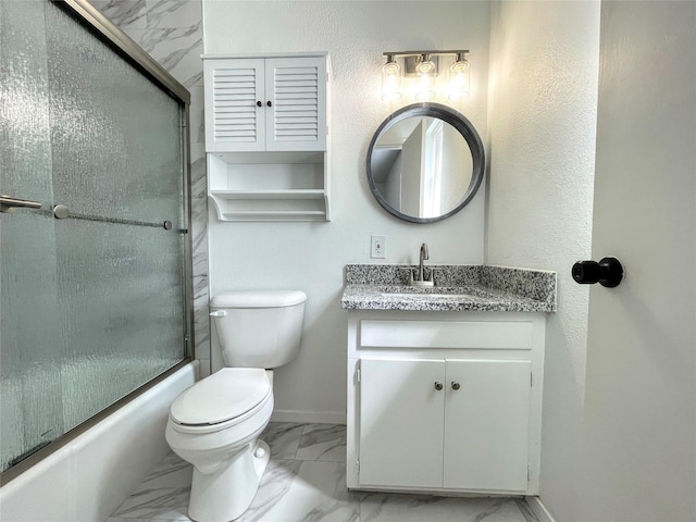 full bathroom featuring bath / shower combo with glass door, vanity, and toilet