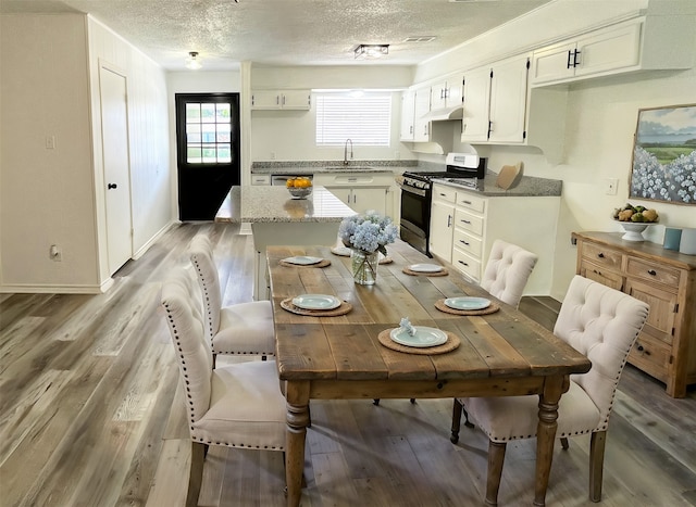 dining space with sink, light hardwood / wood-style flooring, and a textured ceiling