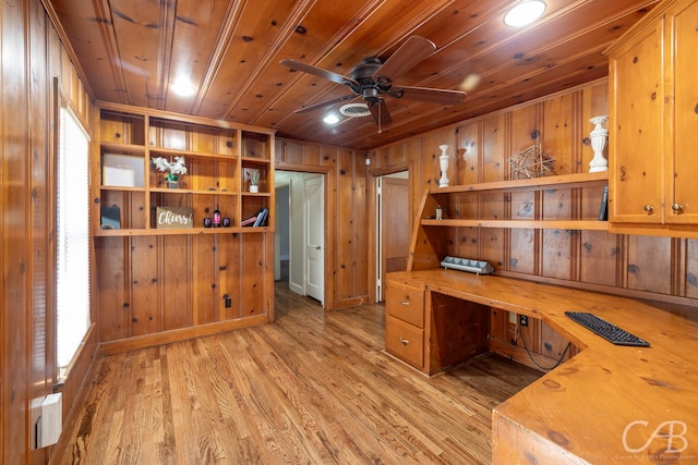 unfurnished office with ceiling fan, wooden walls, built in desk, wooden ceiling, and light wood-type flooring