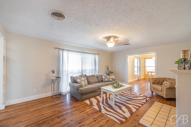 living room with wood-type flooring and a textured ceiling