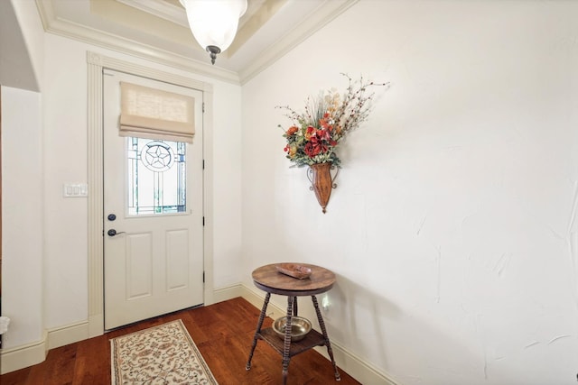 entryway featuring dark hardwood / wood-style flooring, crown molding, and a tray ceiling