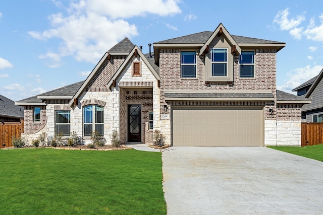 view of front of home with a front yard and a garage