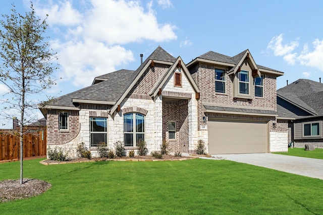 view of front of property with a front yard and a garage