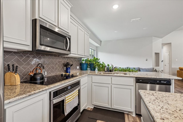 kitchen with dark hardwood / wood-style floors, sink, stainless steel appliances, and tasteful backsplash