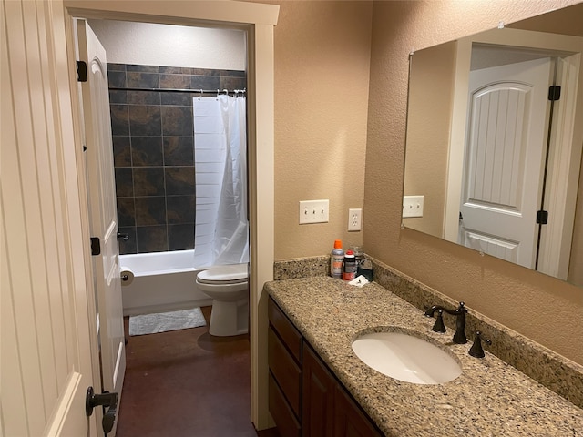 full bathroom with toilet, shower / bath combo with shower curtain, and vanity