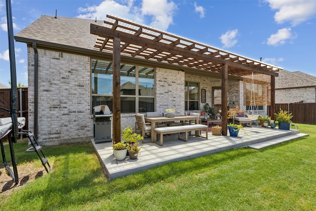 rear view of house with a pergola, a lawn, an outdoor living space, and a patio area