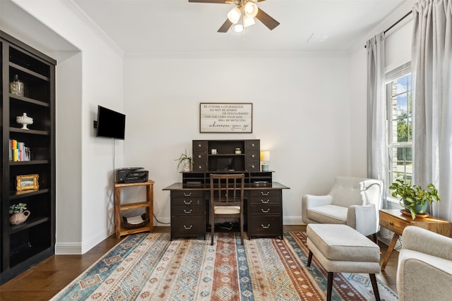 office space featuring ceiling fan, ornamental molding, and wood-type flooring