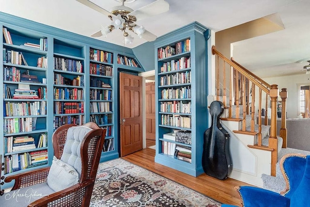 office space featuring ceiling fan and hardwood / wood-style flooring