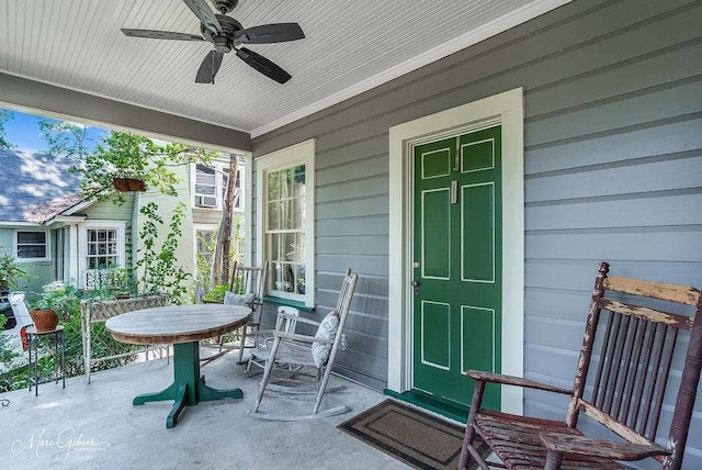 view of patio featuring ceiling fan and covered porch