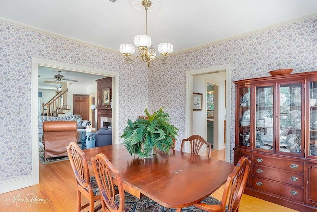 dining area with light hardwood / wood-style floors, ceiling fan with notable chandelier, and ornamental molding