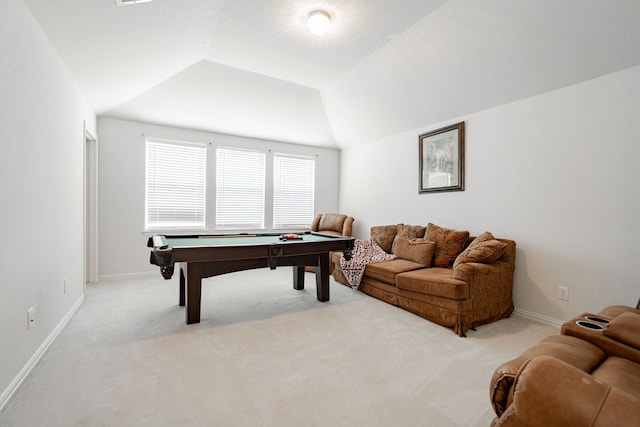 rec room with pool table, light carpet, and lofted ceiling