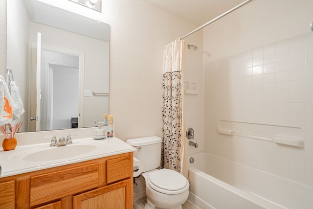 full bathroom with toilet, shower / bathtub combination with curtain, and vanity