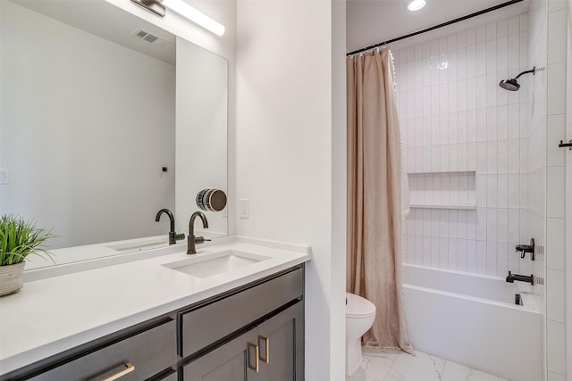 bathroom with visible vents, toilet, marble finish floor, shower / bath combination with curtain, and vanity