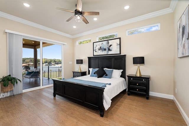 bedroom with access to outside, light hardwood / wood-style flooring, ceiling fan, and crown molding