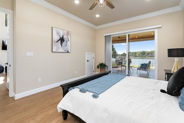 bedroom with access to exterior, light wood-type flooring, multiple windows, and ceiling fan