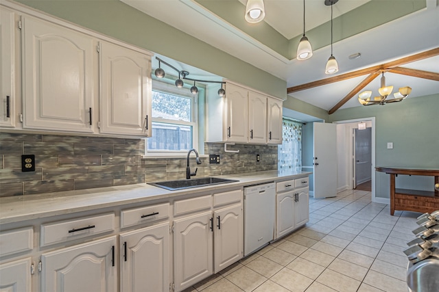 kitchen with pendant lighting, white dishwasher, white cabinets, and a notable chandelier