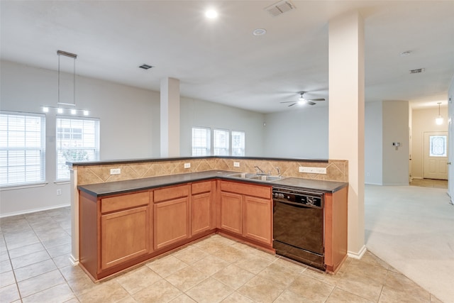 kitchen featuring black dishwasher, kitchen peninsula, light tile patterned floors, and ceiling fan