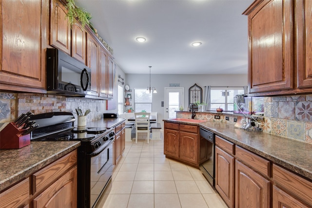 kitchen with black appliances, light tile patterned floors, tasteful backsplash, and sink