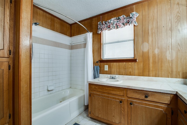 bathroom featuring wood walls, a textured ceiling, tile patterned flooring, and shower / tub combo with curtain