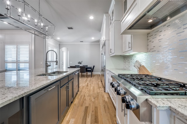 kitchen with ventilation hood, white cabinetry, light stone counters, and sink