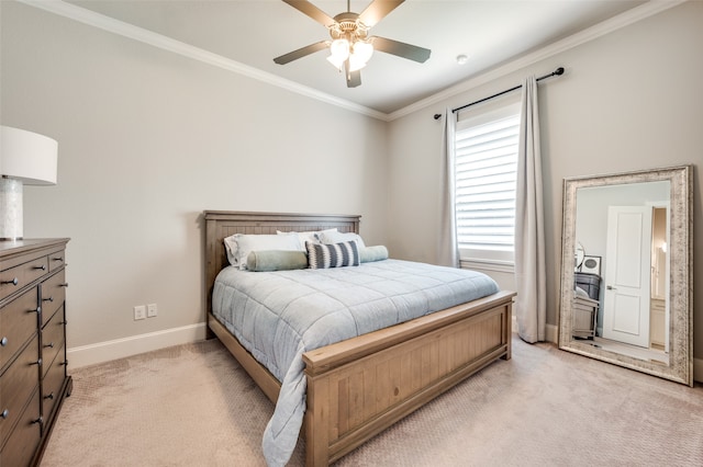 carpeted bedroom with crown molding and ceiling fan